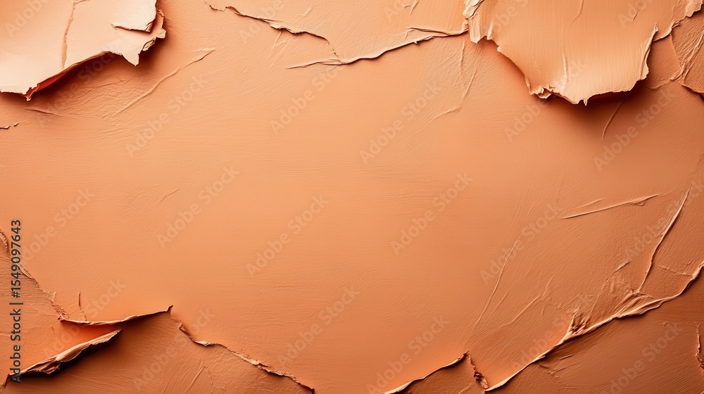 Poster an artistic close-up of a textured surface with peeling clay paint, revealing distinct shades and la