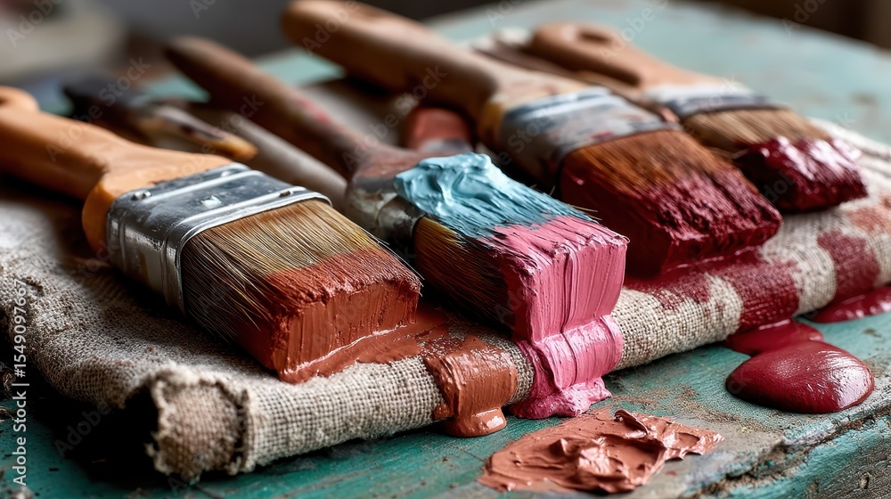 Poster this image showcases an array of vibrant paint colors spread across brushes resting on a textured cl