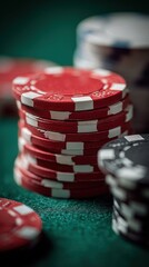 Close-up of neatly stacked colorful poker chips on a green gaming table in a casino setting