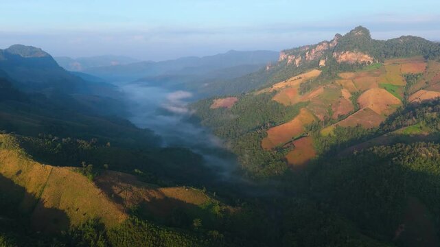Skyview in the countryside with the village villagers mountain forest waterfall by drone