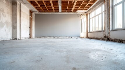 Obraz premium A wide-angle view of an empty, unfinished room showcases the simplicity of raw concrete floors and exposed beams, capturing the essence of potential and renovation opportunities.