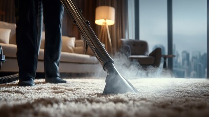 Man vacuuming a modern living room with large window and city view in background