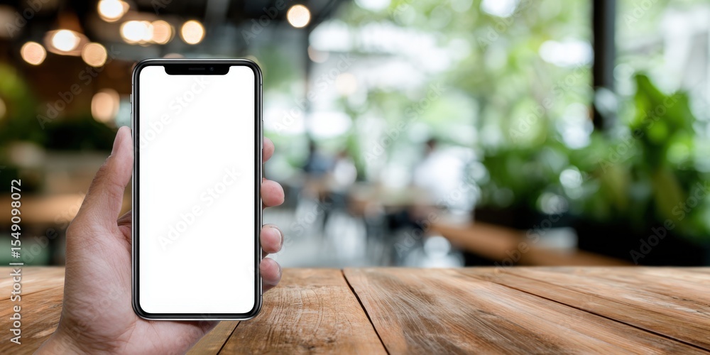 Poster modern smartphone held in hand with blank screen in cozy cafe with greenery background
