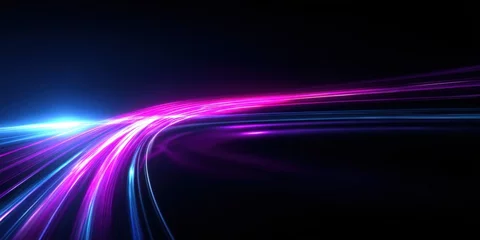 Fotobehang Vibrant neon light trails flowing in dark space with glowing energetic streaks © Generative AI