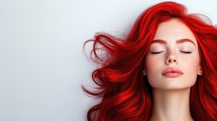 Fototapeta premium A stunning young woman with long, flowing red hair gazes serenely towards the camera, her eyes closed, capturing a moment of beauty, tranquility, and self-reflection.