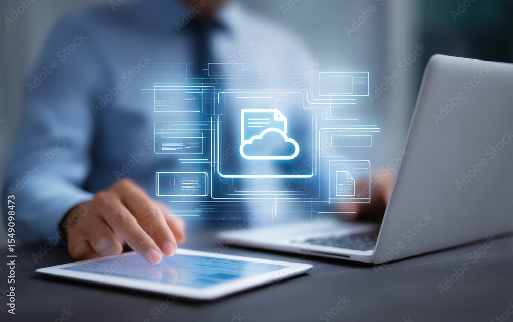 Poster modern technology use with cloud storage icons on digital devices of a person at work