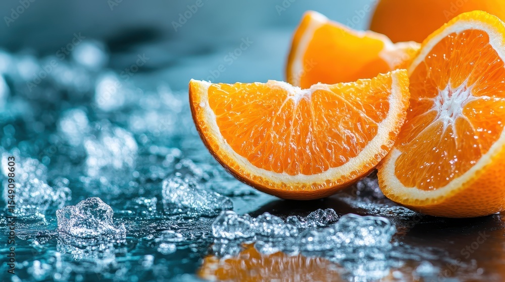 Poster bright orange segments surrounded by glimmering ice cubes on a reflective surface create a visually 