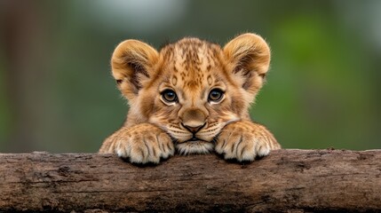Obraz premium A close-up shot of an adorable lion cub resting and gazing with big, expressive eyes, conveying innocence and curiosity that captivates the heart of any nature lover.