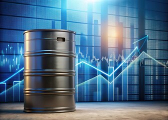 A barrel of crude oil with a financial market graph rising in the background