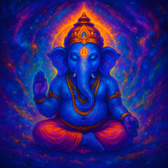 Ganesha in meditative pose with cosmic background, digital painting in vibrant psychedelic colors. Ganesha drawing.