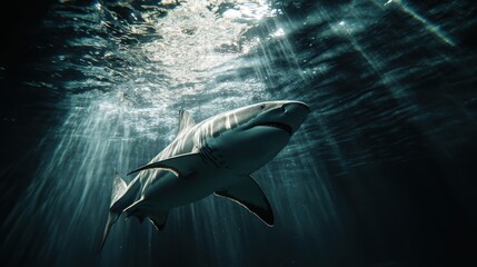 Fototapeta premium A stunning view of a shark swimming gracefully through water shafts of light, showcasing its elegant form and the serene underwater environment surrounding it.