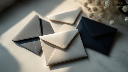 Flat Lay of Elegant Envelopes in Black White and Gray on Marble Surface for Invitations