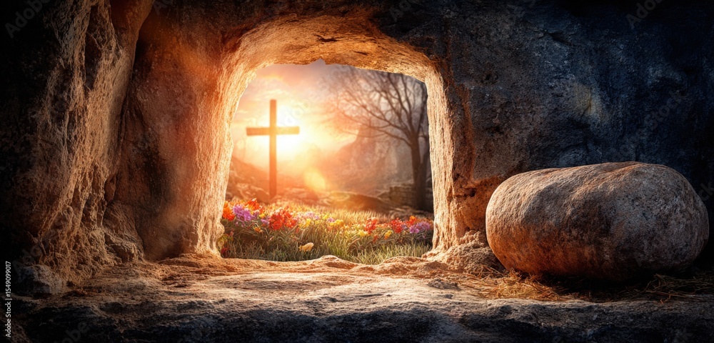 Poster light shines through a cross in a glowing outdoor scene viewed from inside a cave