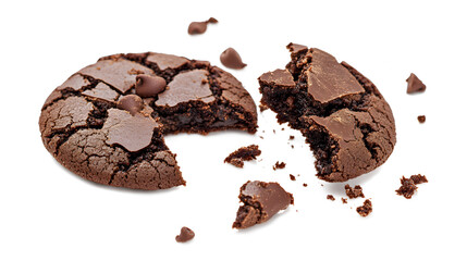 A chocolate cookie with chocolate chips is broken in half