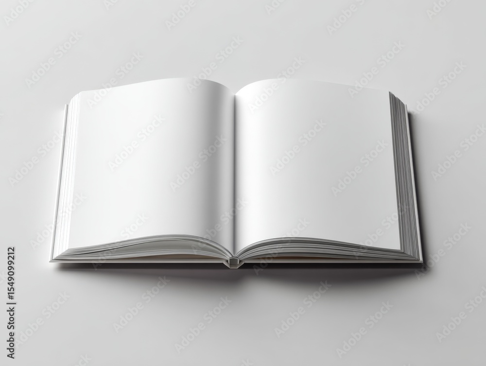 Poster Open blank book with white pages on a plain background for reading and writing