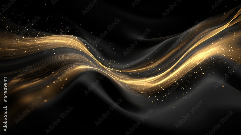 Aufkleber Abstract golden flowing lines with sparkling particles on black background design