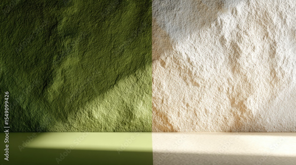 Poster close-up view of green and white powdered paint textures on paper surface