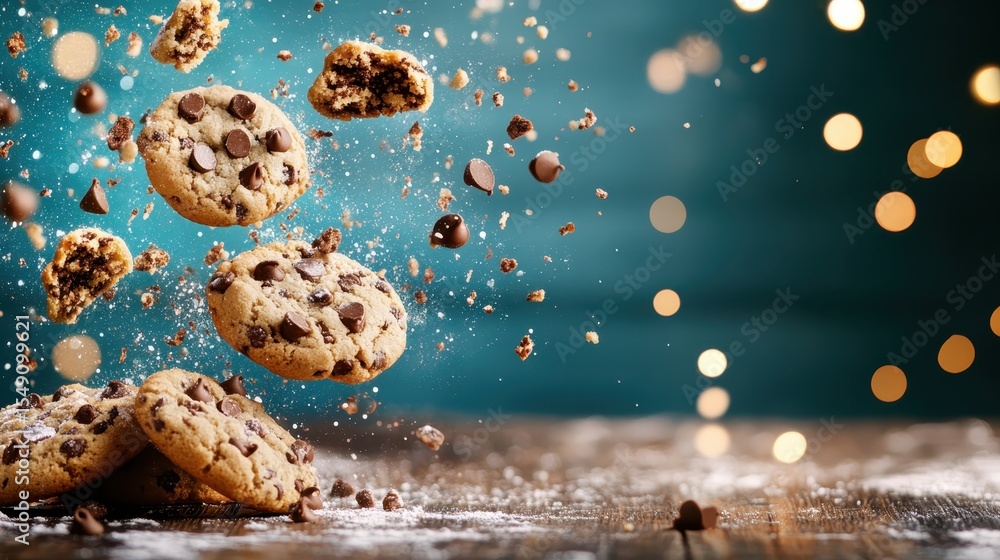 Poster cookies with chocolate chips explode in a dynamic scene, capturing the joy and delight of baked trea