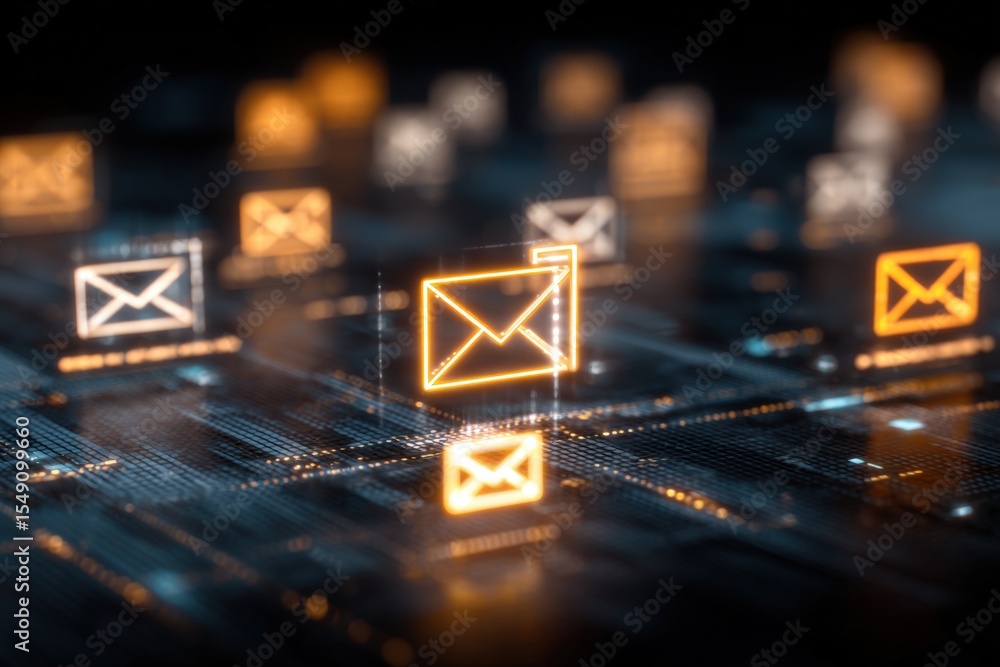 Poster Digital Email Communication Concept with Iconic Envelope Symbols Illuminated on Abstract Network Background