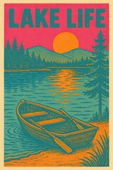 Lake life vintage retro neon poster featuring a canoe, lake, sun, sunset, dusk, trees, pine trees, fir trees, camping, travel, getaway, dusk sky, sunset colors, pine forest, landscape, wilderness