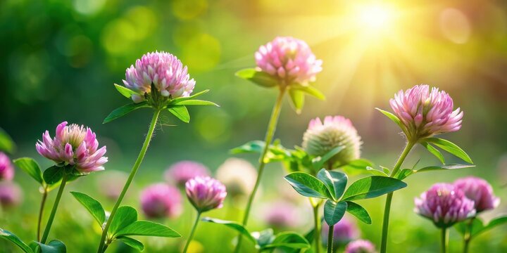 Clover flowers on a stem with green leaves surrounded by lush foliage - Powered by Adobe