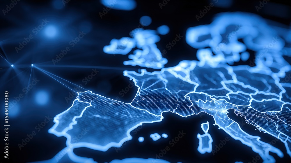 Poster Illuminated digital map of Europe with interconnected nodes and futuristic technology style