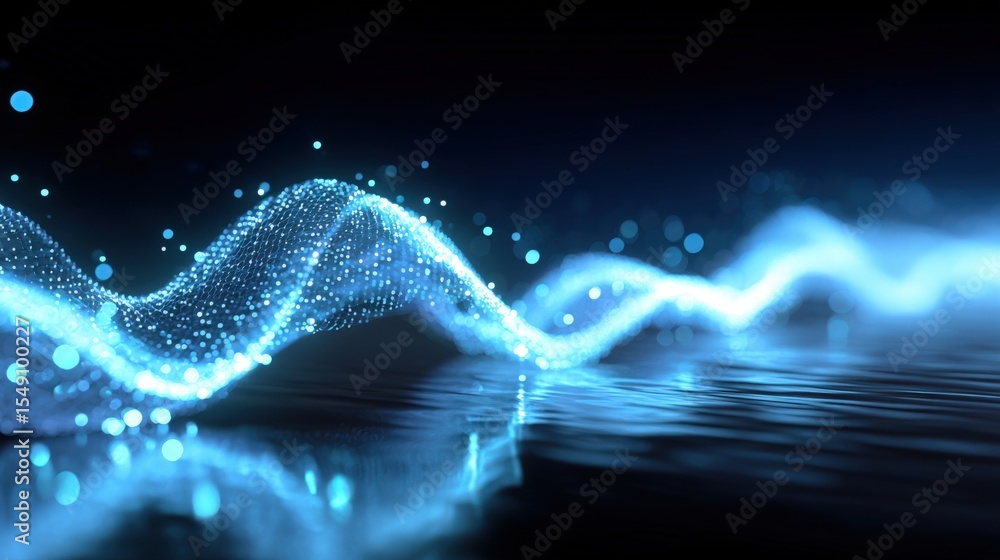 Poster Digital Abstract Waveform with Light Particles in a Dark Blue Space Background