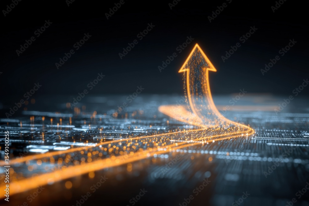 Poster futuristic glowing arrow pointing upwards over digital cityscape representing growth and progress