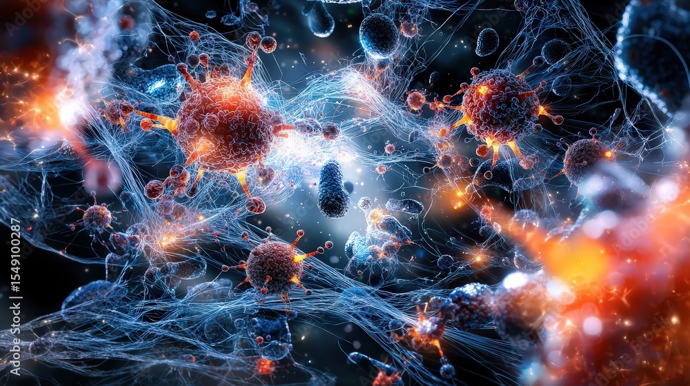 Poster Microbial communication tiny microorganisms glowing in a living habitat science environment macro perspective