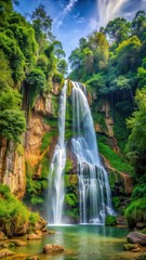 Fototapeta premium Towering waterfall cascading down a rocky cliff surrounded by dense foliage of lush greenery and vibrant tropical plants in Pak Khlong Thailand