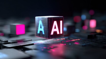 Futuristic AI hologram glowing cube with illuminated letters on digital circuit board