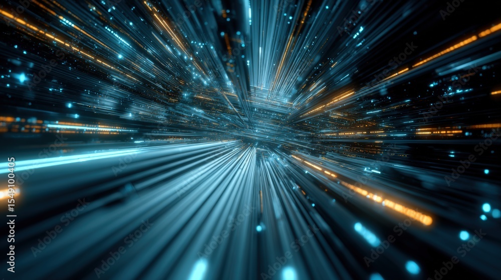 Poster Futuristic abstract background with light streaks and glowing particles in motion