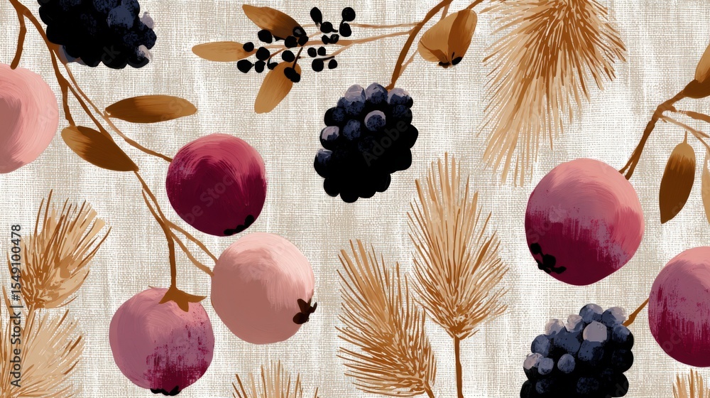 Poster elegant botanical pattern with berries pine branches and leaves on beige background