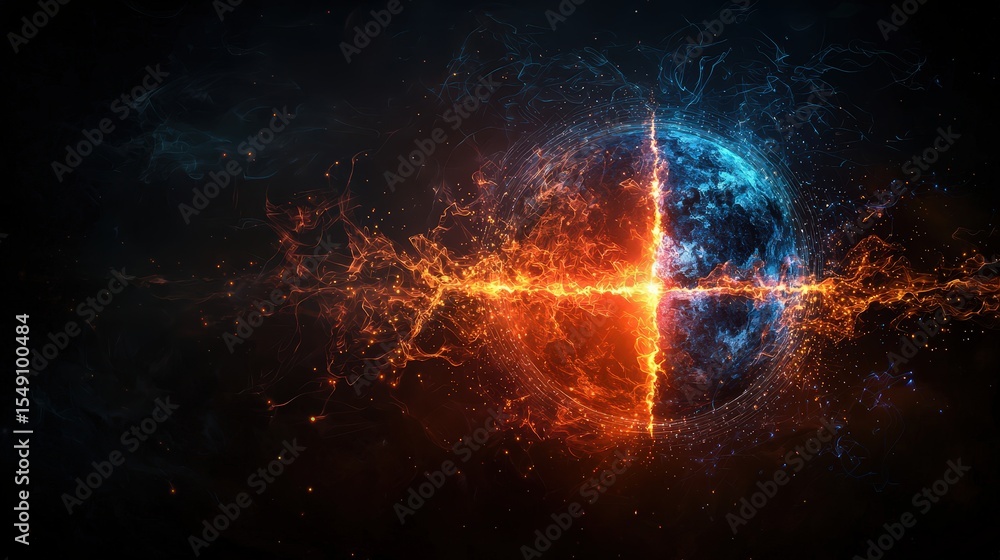 Poster digital barrier dividing nations cosmic realm abstract art dark atmosphere dynamic perspective conce