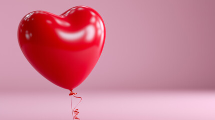 Floating red heart balloon with smooth surface and subtle shadow on a pastel pink background, emphasizing romance, simplicity, and emotional expression in 3D style. heart balloon, red balloon, banner