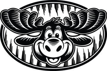 Bold cartoon moose face with massive antlers in a black and white oval frame