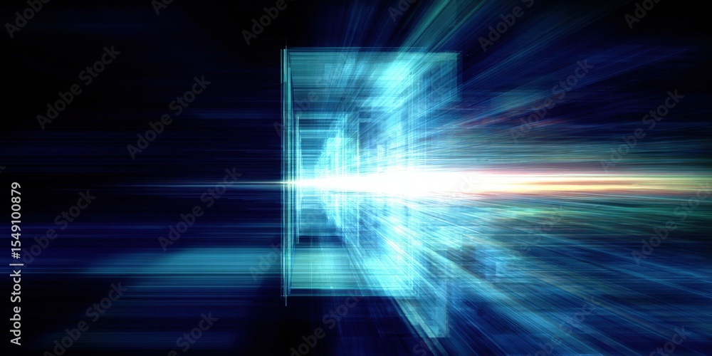 Poster Bright Light Beam Exploding Through a Geometric Portal with Dynamic Motion Effect