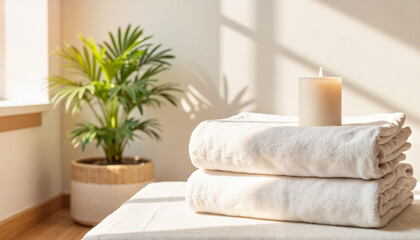 Spa towels stacked with candle and plant in bright interior setting  