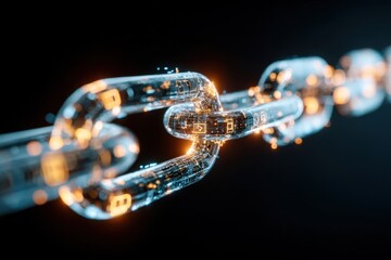 Close-up of a glowing digital blockchain chain representation symbolizing technology