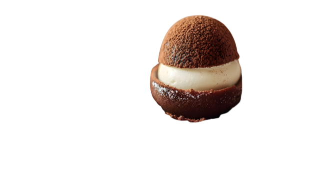 Decadent chocolate mousse dome with creamy center on a rich cocoa base tempting dessert lovers transparent background