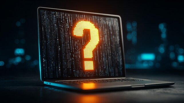 Laptop screen displaying question mark and binary code signifies questions about technology.