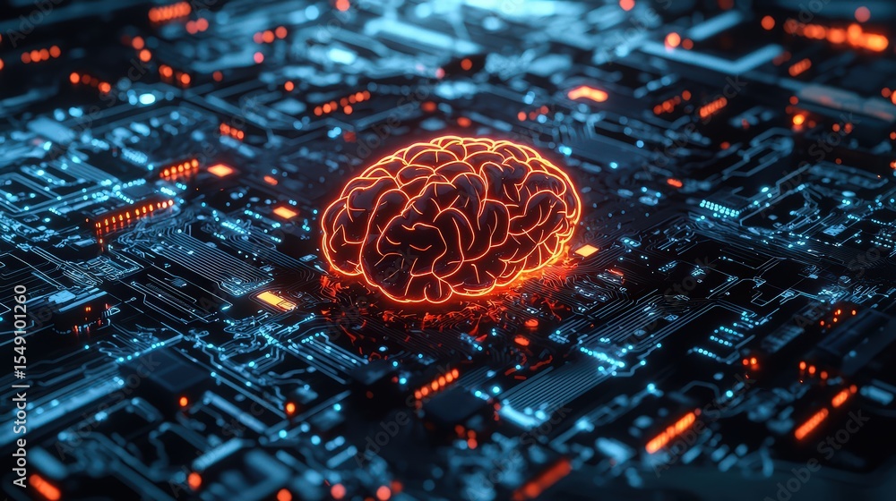 Poster Exploring ai ethics through a conceptual image of a brain on a circuit board in a digital landscape