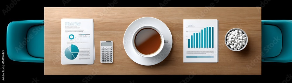 Poster an editorial layout with a financial advisor's desk cluttered with reports and financial documents, 