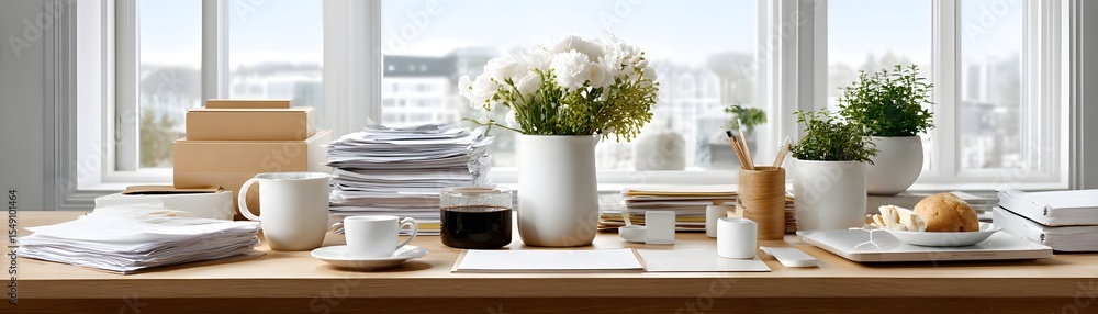 Aufkleber an editorial layout with a financial advisor's desk cluttered with reports and financial documents, 