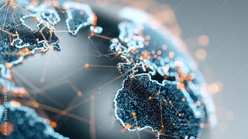 Poster Detailed view of digital world map with connecting nodes and glowing network lines