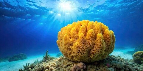 Softly glowing yellow sea sponge Aplysina aerophoba floating near coral reef in clear turquoise ocean