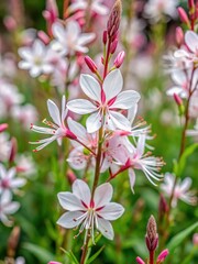 Close-up of delicate white blooms and green stems of Gaura lindheimeri 'Siskiyou Pink' blooming in a lush garden setting
