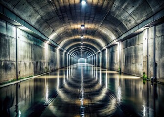 Dark flooded subway tunnel with water seeping through the concrete ceiling and reflecting off the wet walls