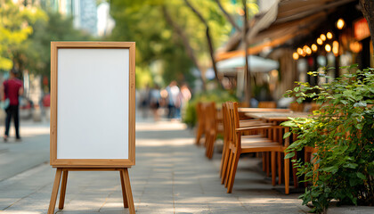 Outdoor blank sign in urban setting. Empty advertising board near dining tables, restaurant. Street sign for business, cafes or any advertisement
