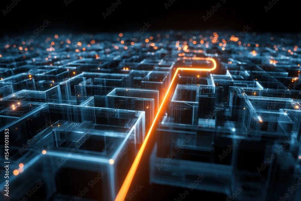 Poster Futuristic neon glowing maze with illuminated pathways and digital grid network